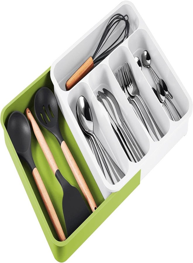 divinezon Five Grid Cutlery Organizer, Expandable Kitchen Drawer and Utensil Holder, Adjustable Large Kitchen Tool |34.5 x 52.5 x 5 CM|Plastic|Green-White - Image 1